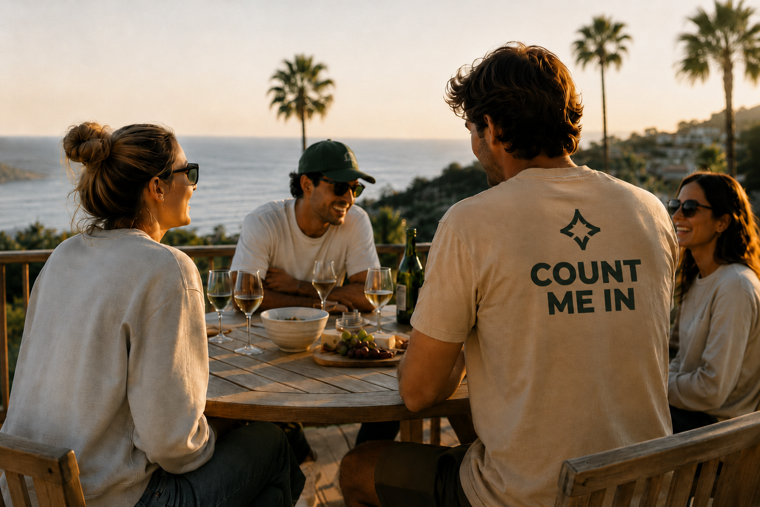 Four friends gathered around a table at sunset, sharing wine and cheese with an ocean view