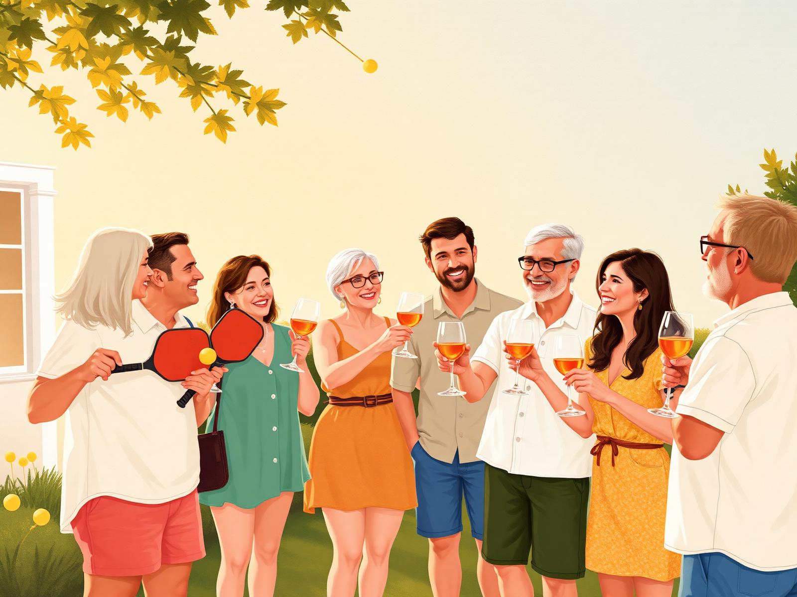 Friends gathering outdoors with pickleball paddles and wine glasses